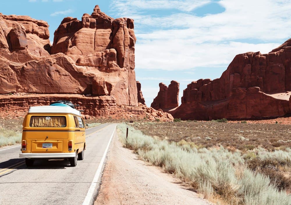 Vintage van on a desert road